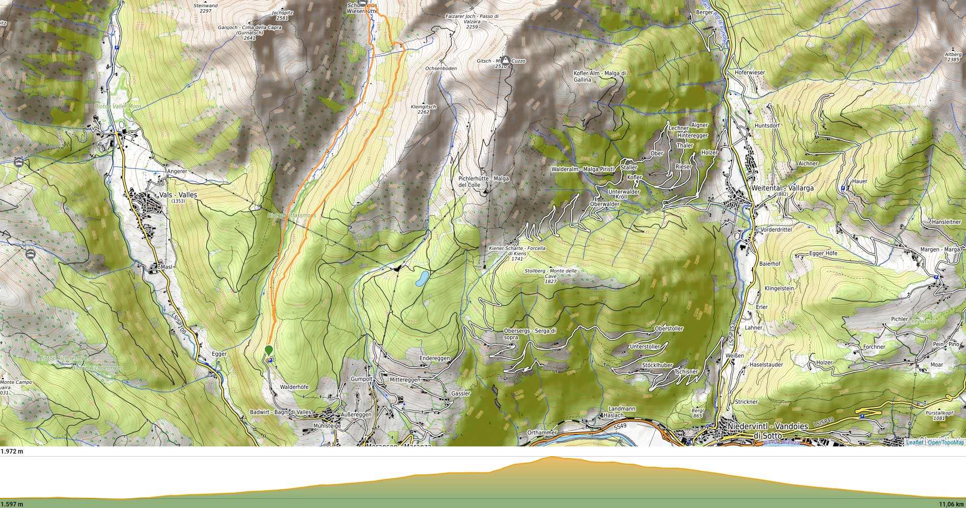 Mappa e profilo altimetrico escursione Valle di Altafossa - Maranza (BZ)