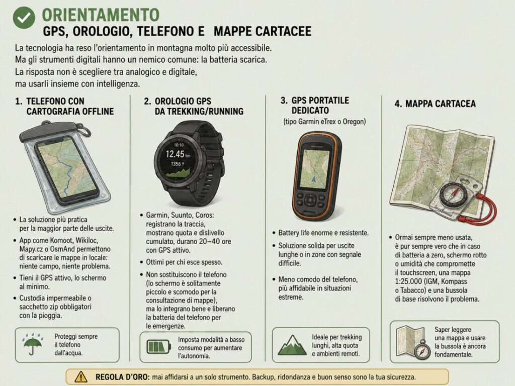 Orientamento: GPS, orologio, telefono e mappe cartacee