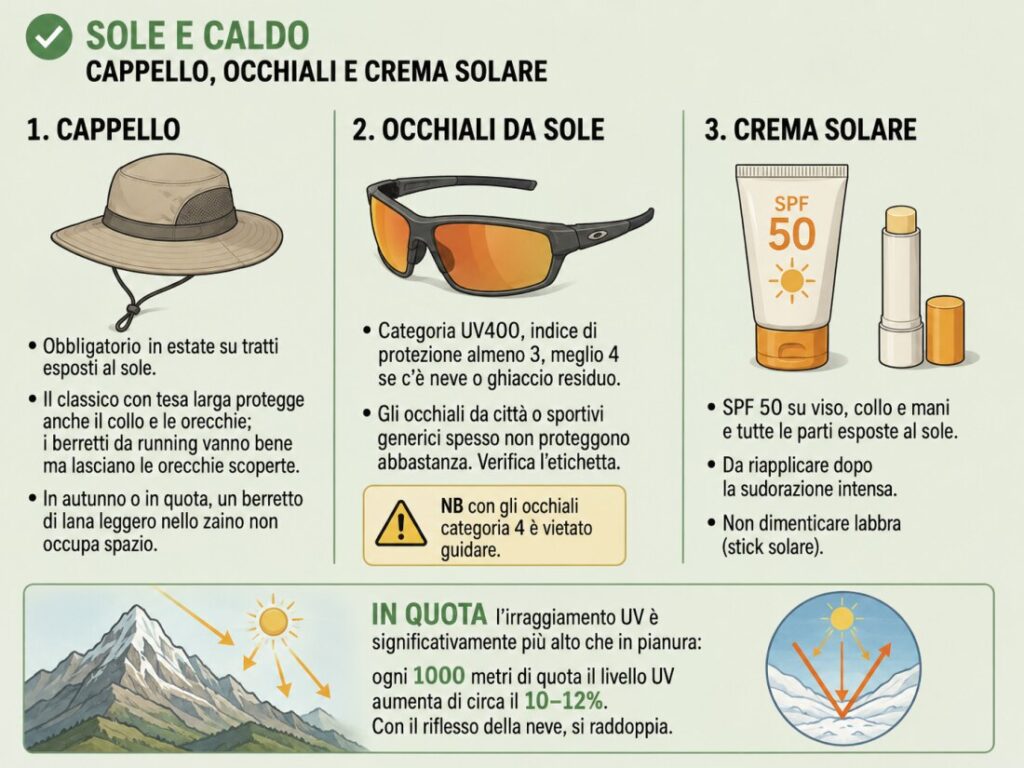 Materiali: cappello, occhiali e crema solare