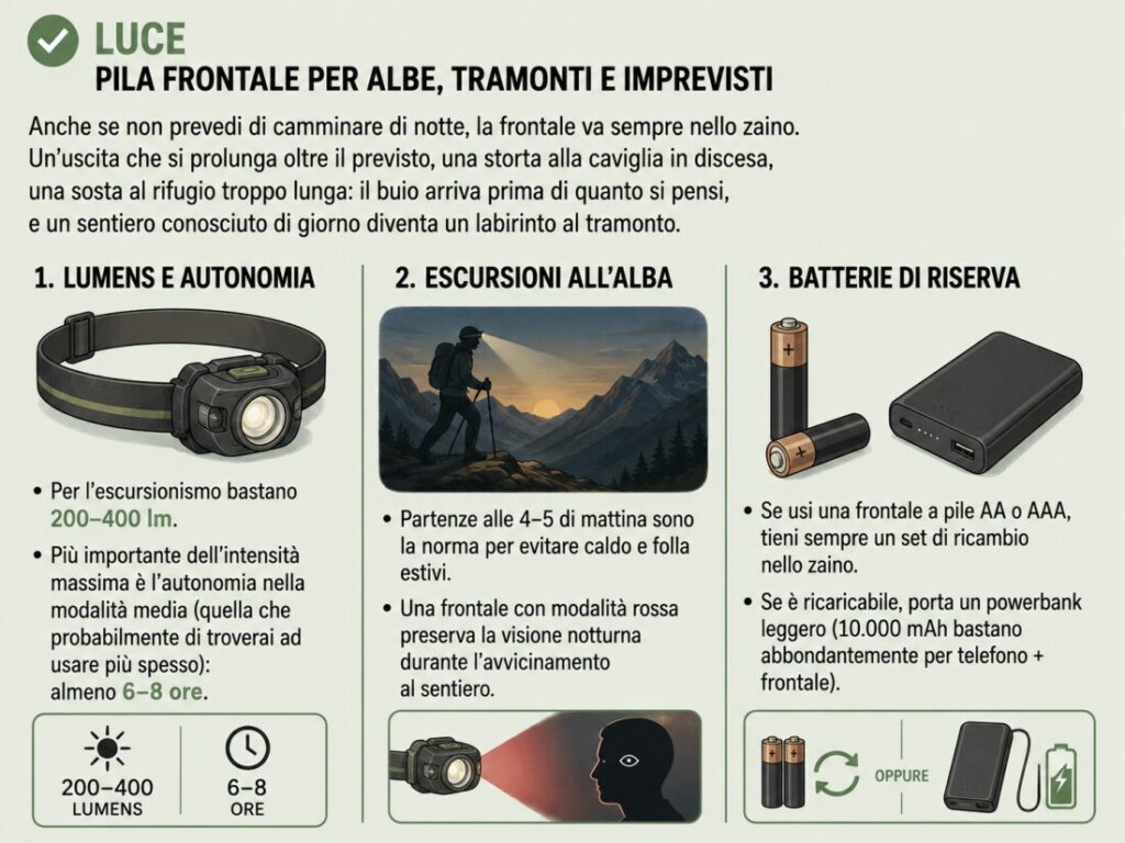 Luce: Pila frontale per albe, tramonti e imprevisti