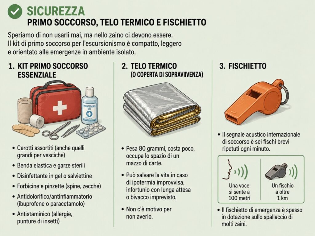 Sicurezza: primo soccorso, temo termico e fischietto