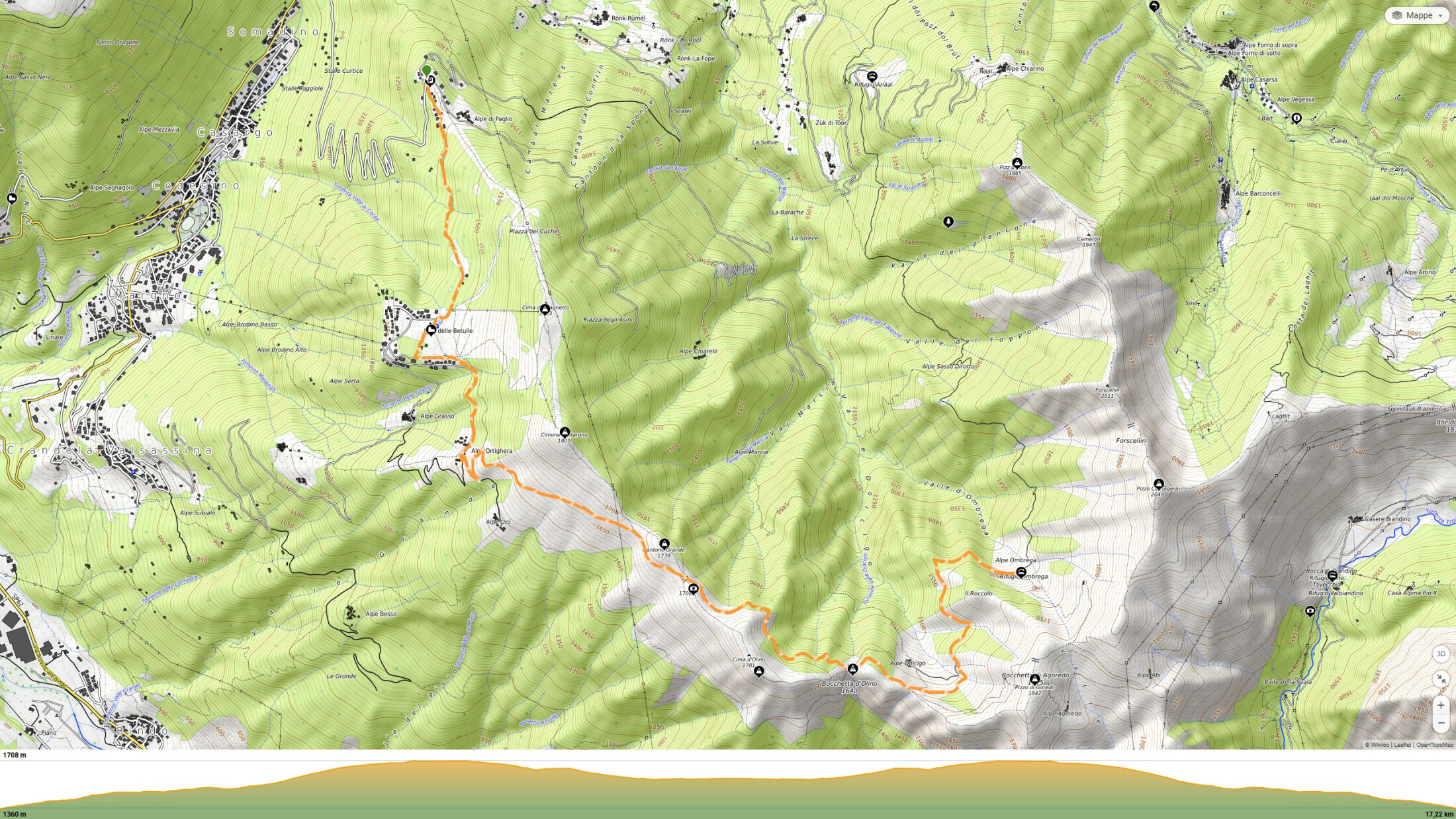 Rifugio Ombrega dall'Alpe Paglio e Pian Delle Betulle mappa